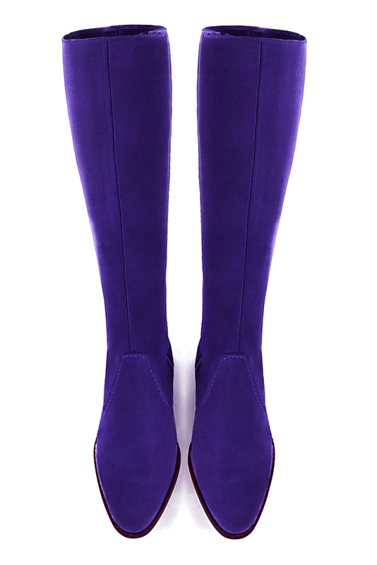 Violet purple women's riding knee-high boots. Round toe. Low leather soles. Made to measure. Top view - Florence KOOIJMAN